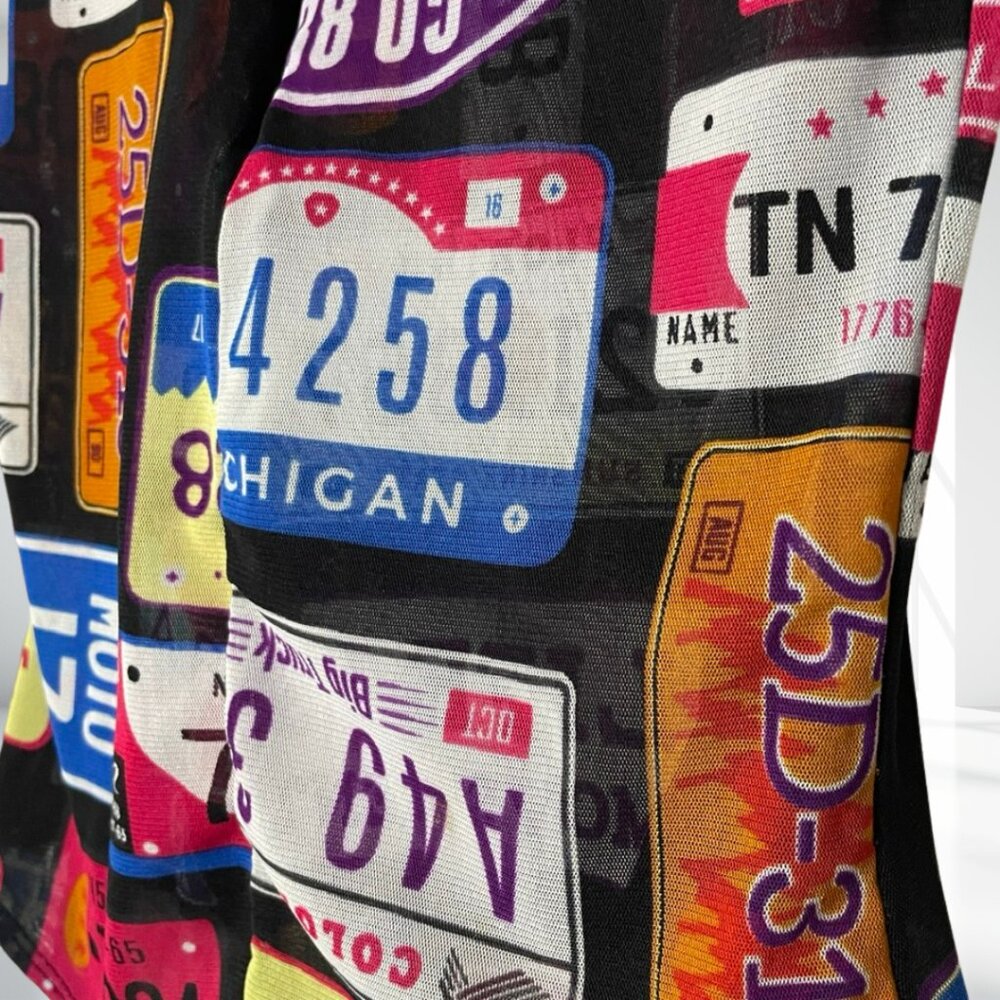 DAY G Retro Y2K License Plate Print Sheer Zipper Bodysuit Leotard - Rare Pop Art - Picture 5 of 12